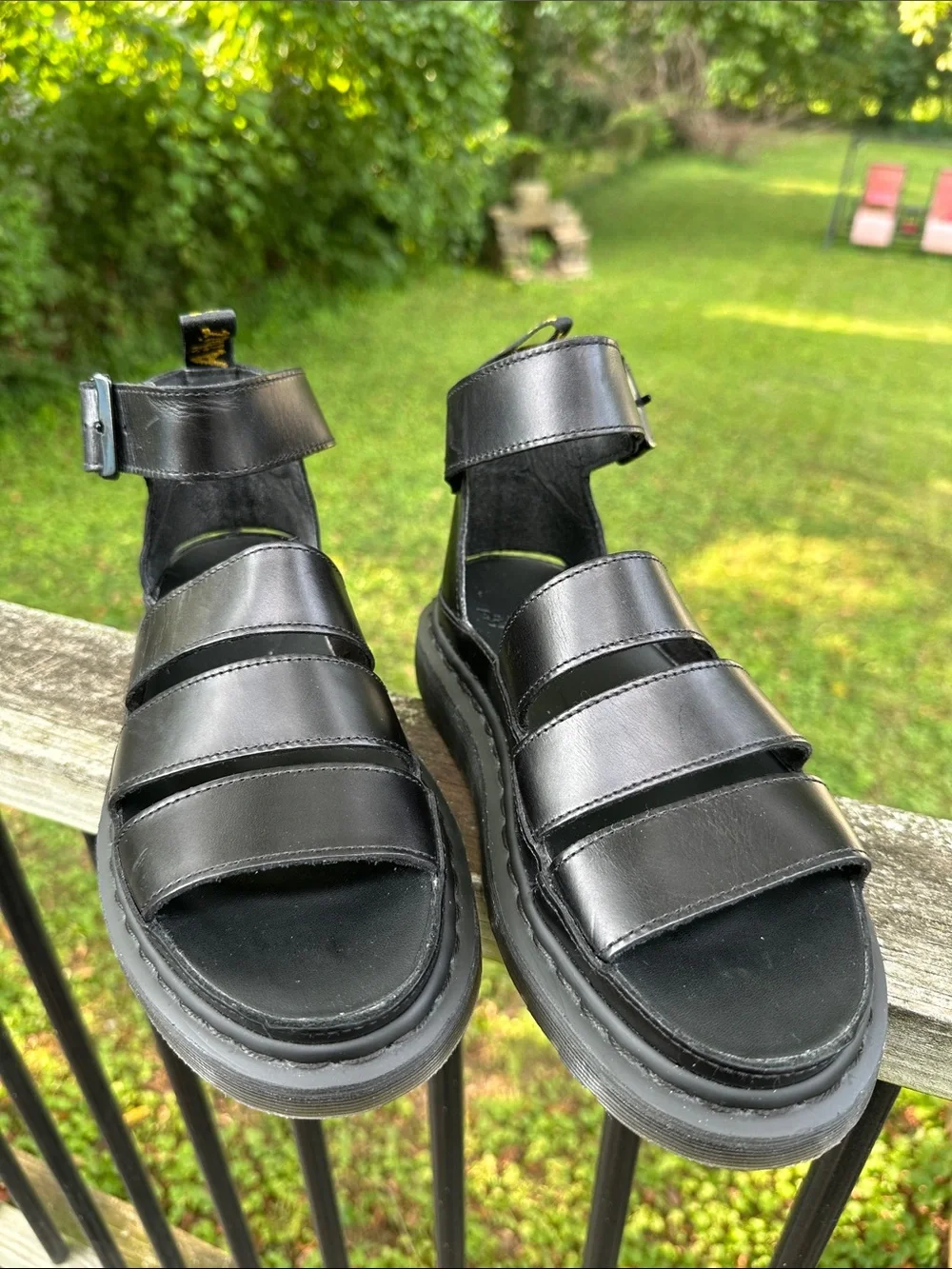Dr. Martens Clarissa II Black Leather Triple-Strap Platform Gladiator Sandals 6